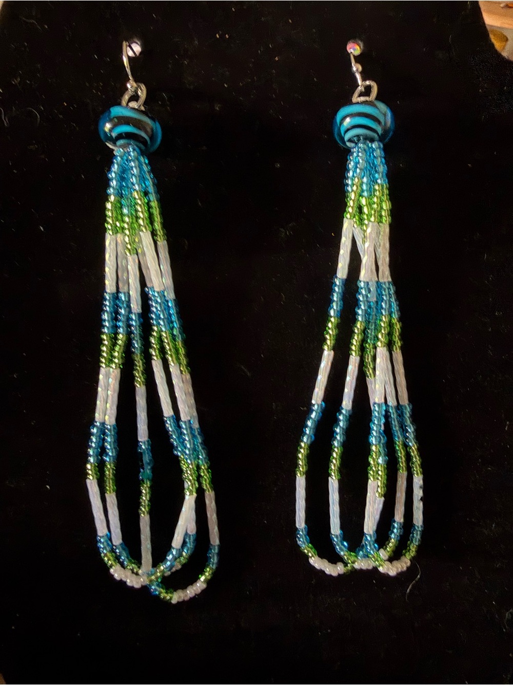 Handcrafted Blue & Green Seed Bead Tassel Earrings - Women Jewelry